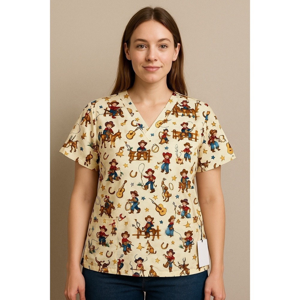 Melanie D Western Scrubs Top Women's Medium Equestrian Retro  Western Rodeo